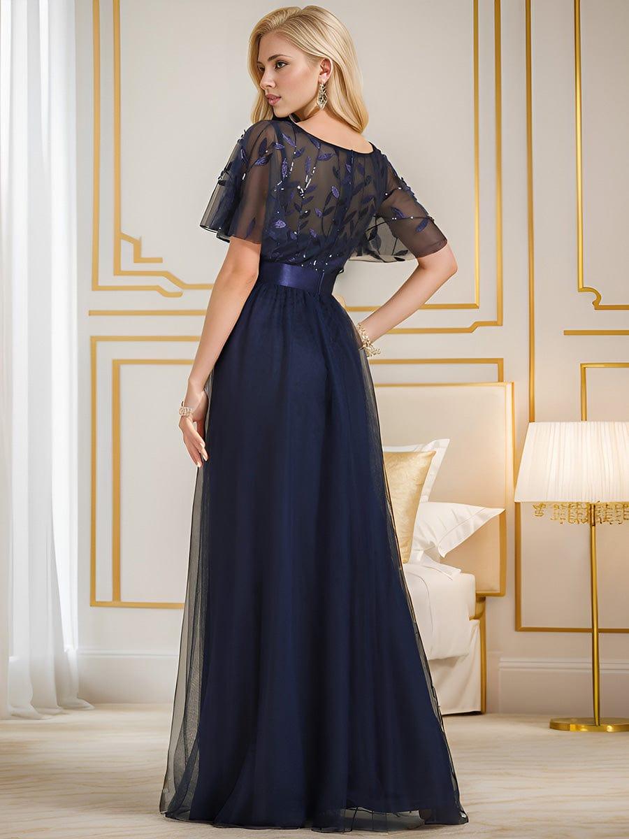 Robe longue de cérémonie à manches courtes avec broderie