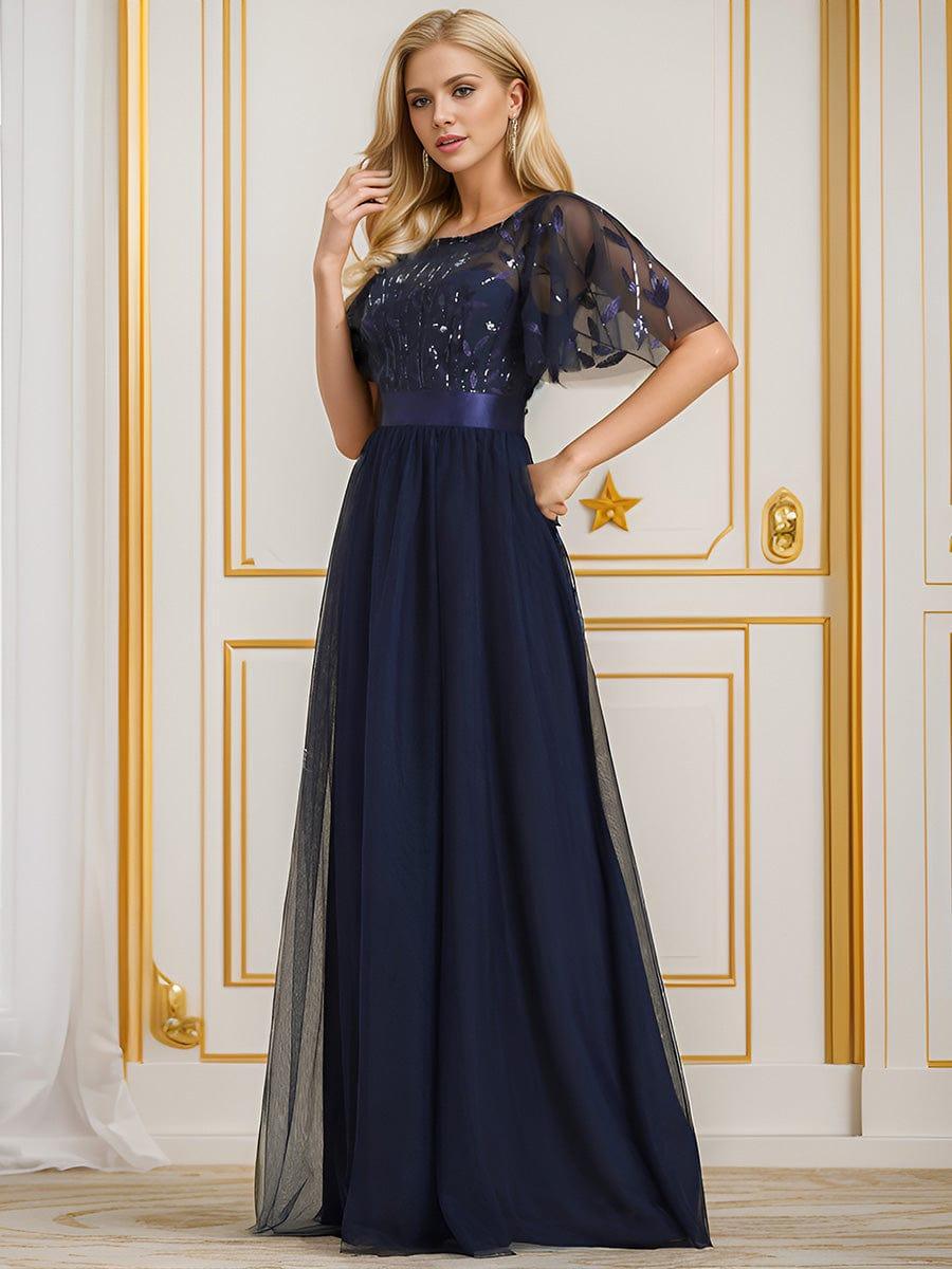 Robe longue de cérémonie à manches courtes avec broderie