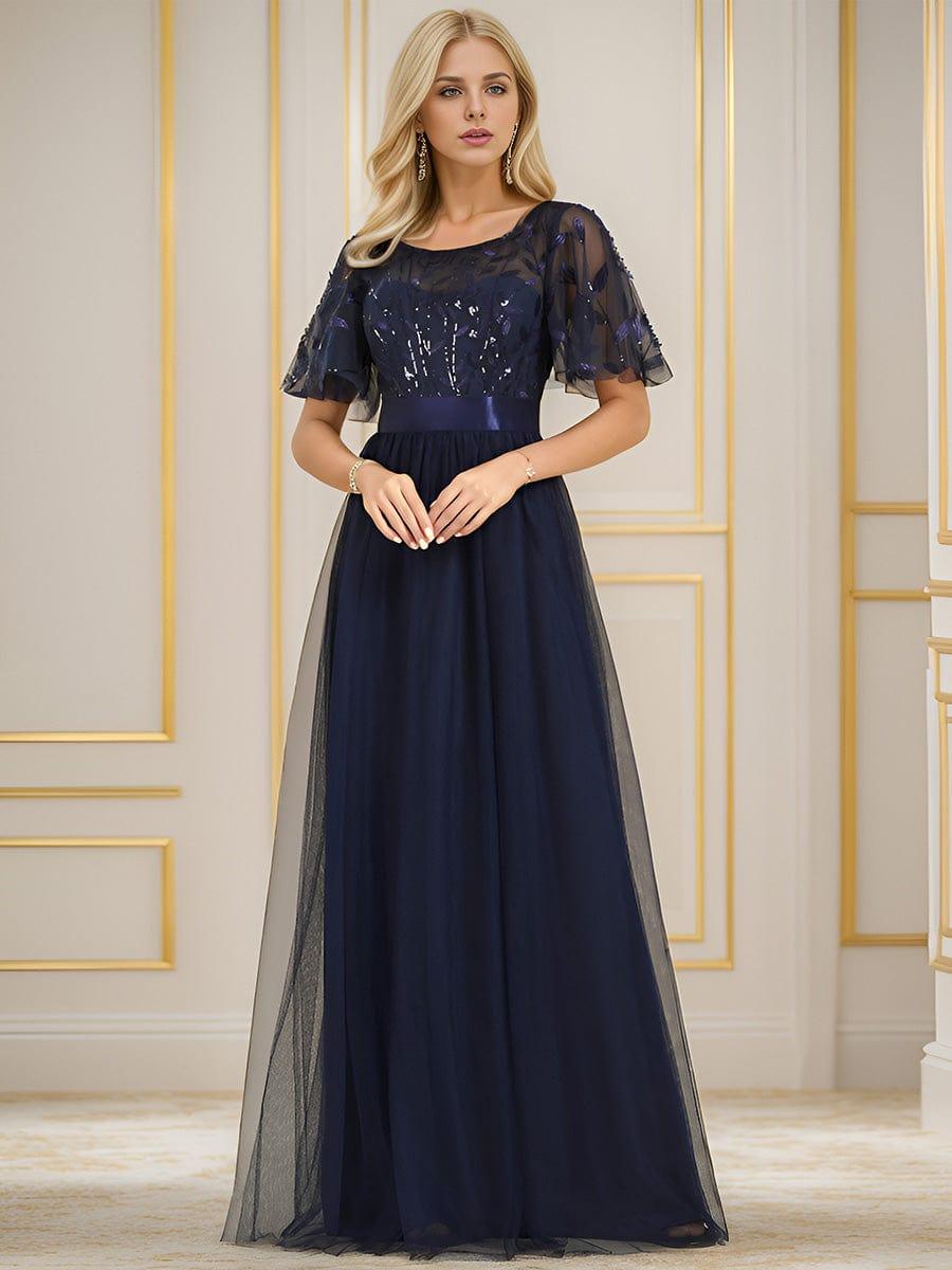 Robe longue de cérémonie à manches courtes avec broderie