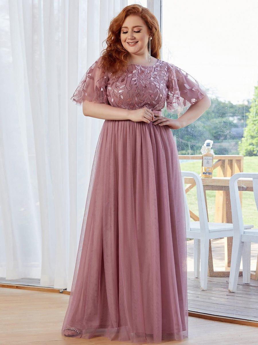 Robe longue de cérémonie à manches courtes avec broderie