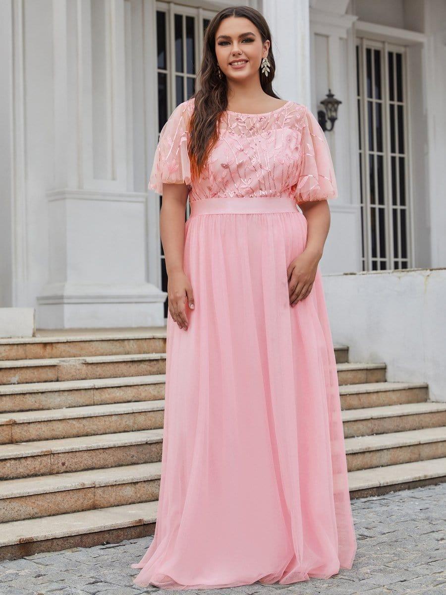 Robe longue de cérémonie à manches courtes avec broderie