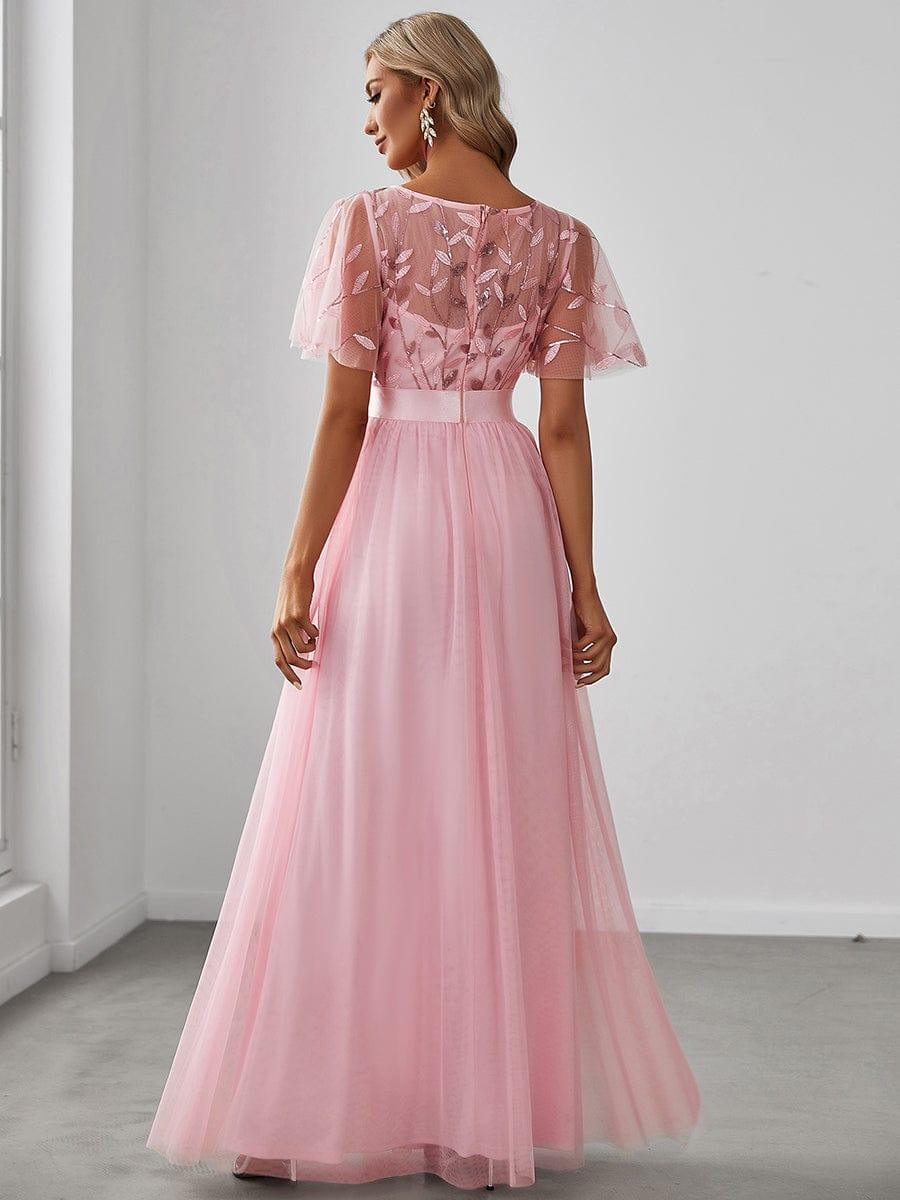 Robe longue de cérémonie à manches courtes avec broderie