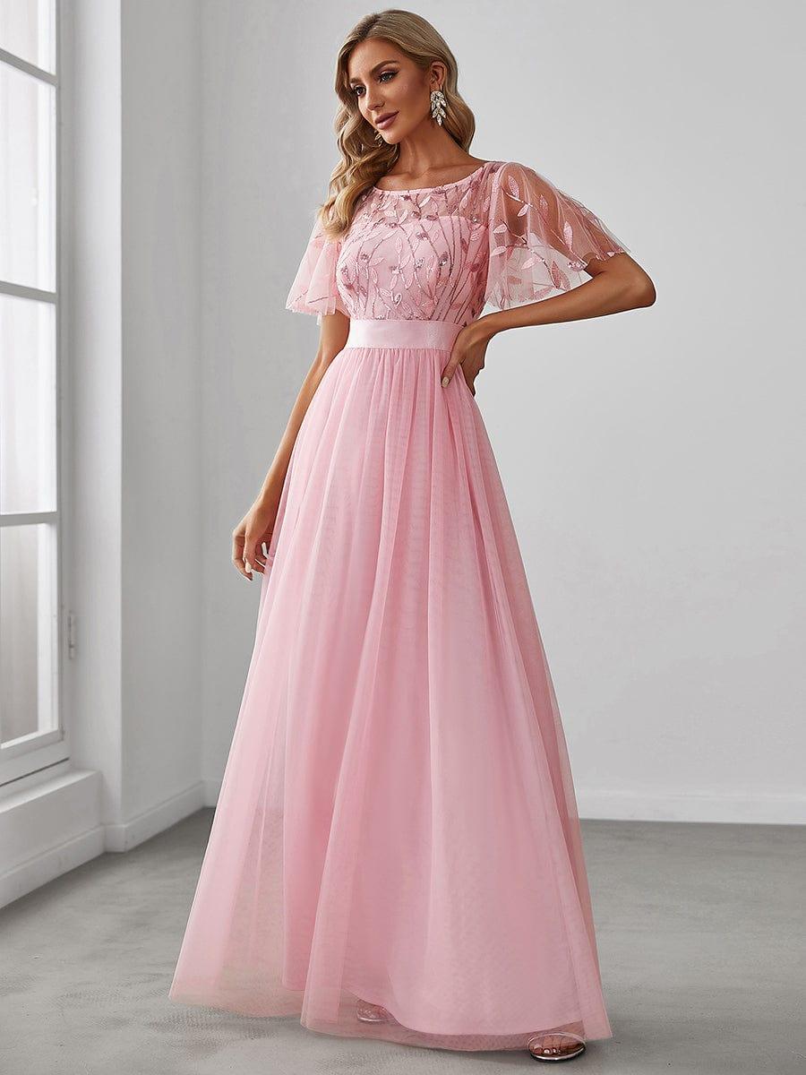 Robe longue de cérémonie à manches courtes avec broderie