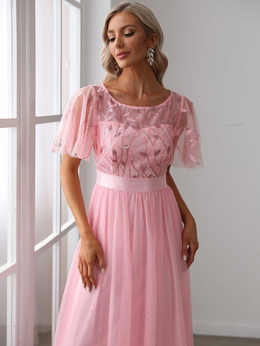 Robe longue de cérémonie à manches courtes avec broderie