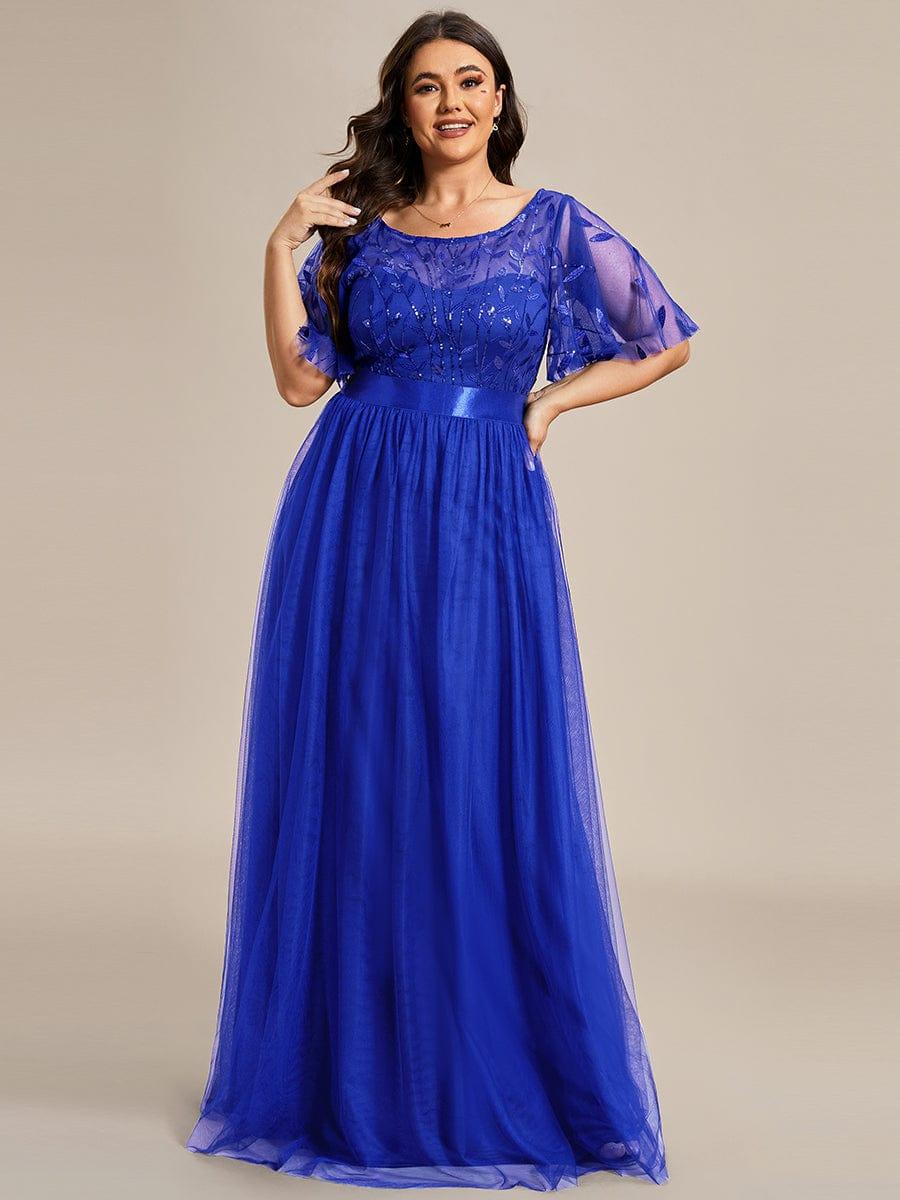 Robe longue de cérémonie à manches courtes avec broderie
