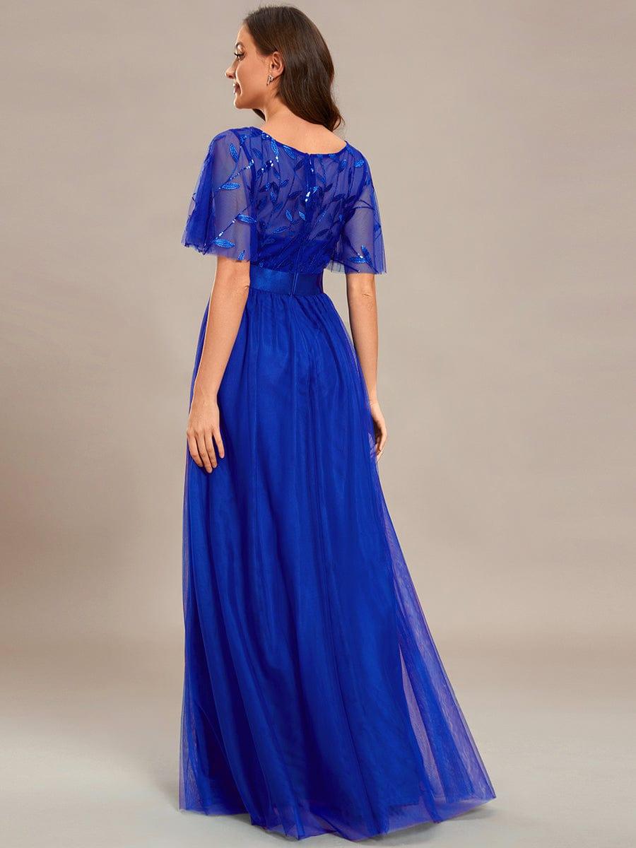 Robe longue de cérémonie à manches courtes avec broderie