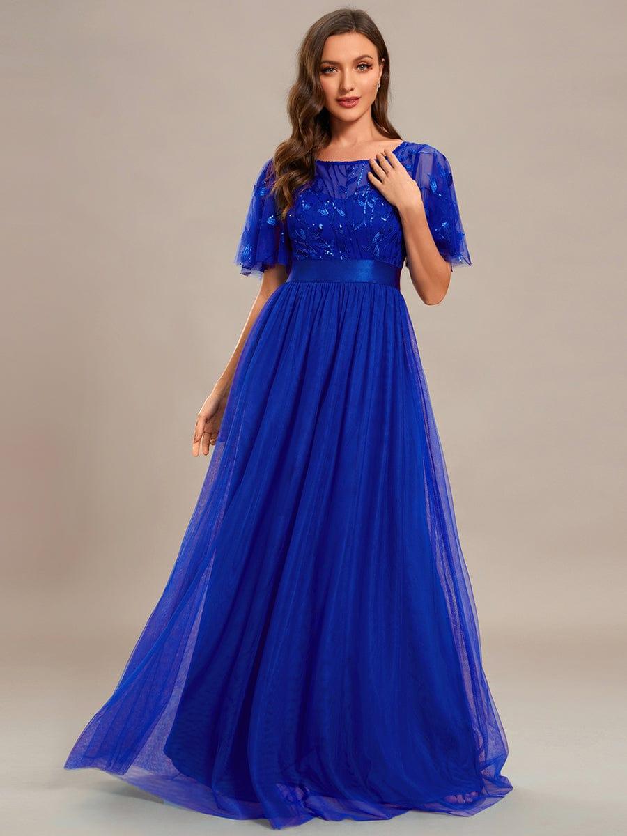 Robe longue de cérémonie à manches courtes avec broderie