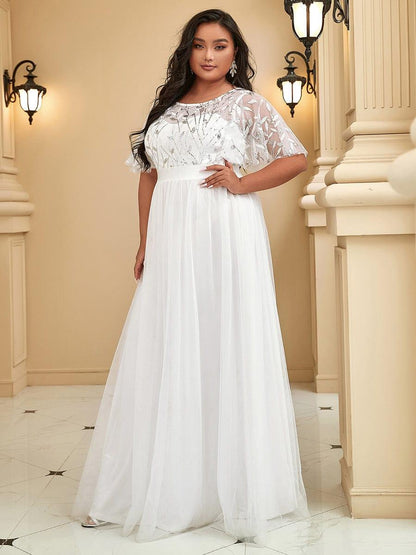 Robe longue de cérémonie à manches courtes avec broderie