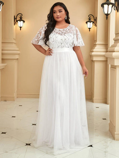 Robe longue de cérémonie à manches courtes avec broderie