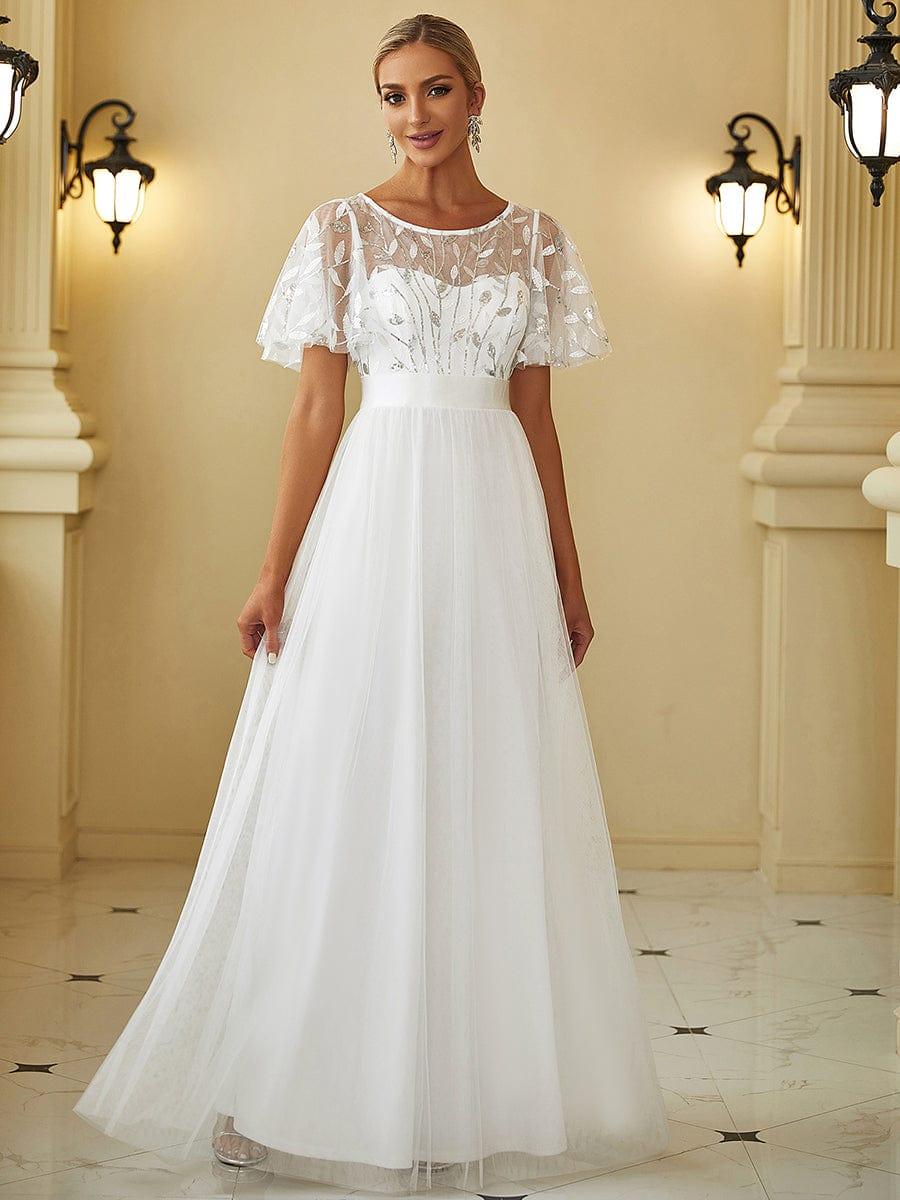 Robe longue de cérémonie à manches courtes avec broderie