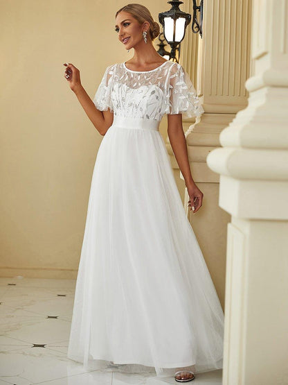 Robe longue de cérémonie à manches courtes avec broderie