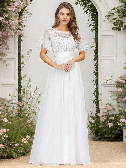 Robe longue de cérémonie à manches courtes avec broderie