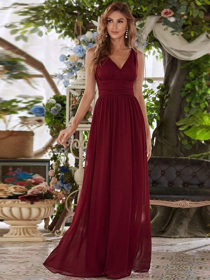 ever HUSH|V Neck Sleeveless Pleated Chiffon Evening Dress