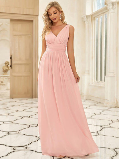 ever HUSH|V Neck Sleeveless Pleated Chiffon Evening Dress