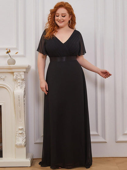 ever MONICA|Long Empire Waist Bridesmaid Dress with Short Flutter Sleeves