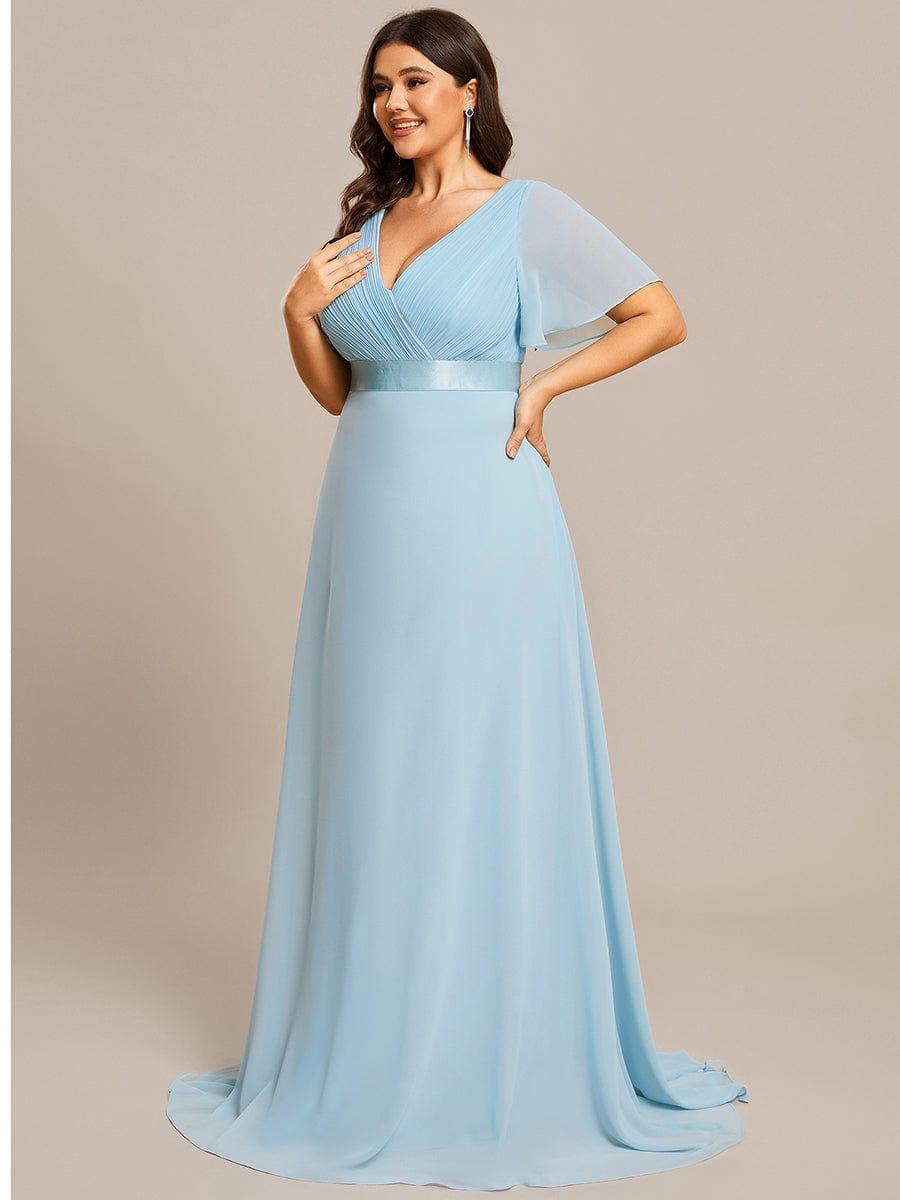 ever MONICA|Long Empire Waist Bridesmaid Dress with Short Flutter Sleeves