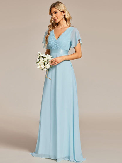 ever MONICA|Long Empire Waist Bridesmaid Dress with Short Flutter Sleeves