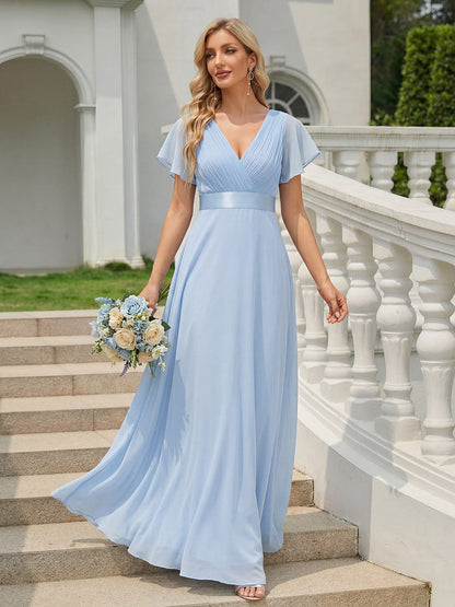 ever MONICA|Long Empire Waist Bridesmaid Dress with Short Flutter Sleeves