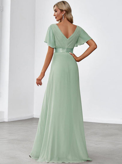 ever MONICA|Long Empire Waist Bridesmaid Dress with Short Flutter Sleeves