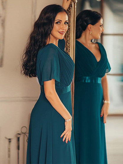 ever MONICA|Long Empire Waist Bridesmaid Dress with Short Flutter Sleeves