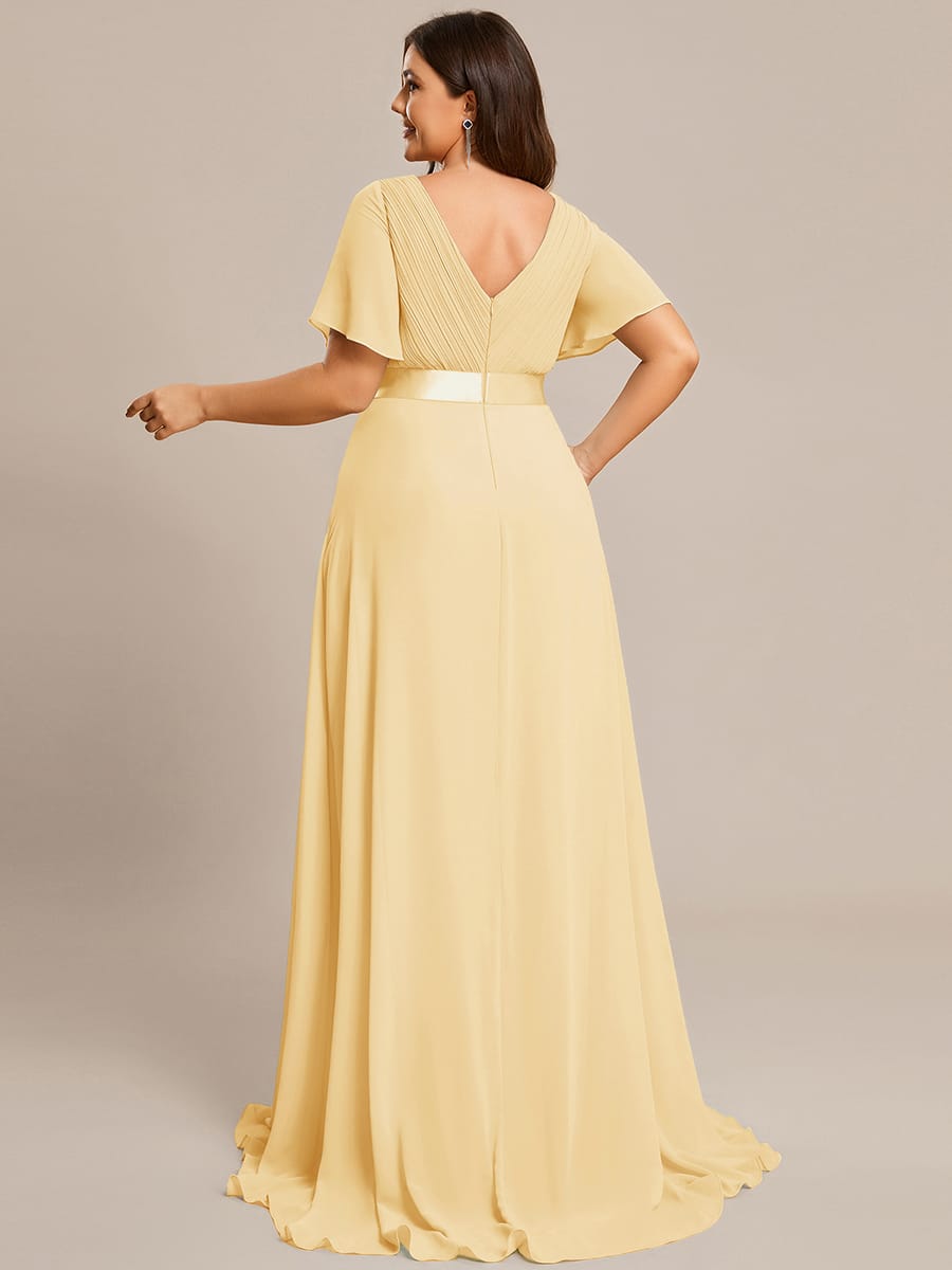 ever MONICA|Long Empire Waist Bridesmaid Dress with Short Flutter Sleeves