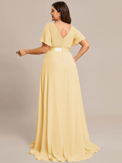 ever MONICA|Long Empire Waist Bridesmaid Dress with Short Flutter Sleeves