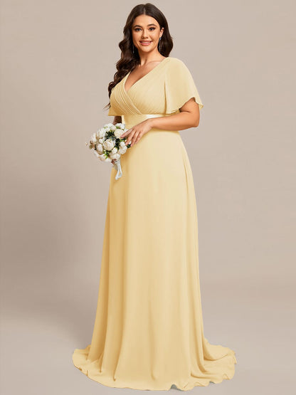 ever MONICA|Long Empire Waist Bridesmaid Dress with Short Flutter Sleeves