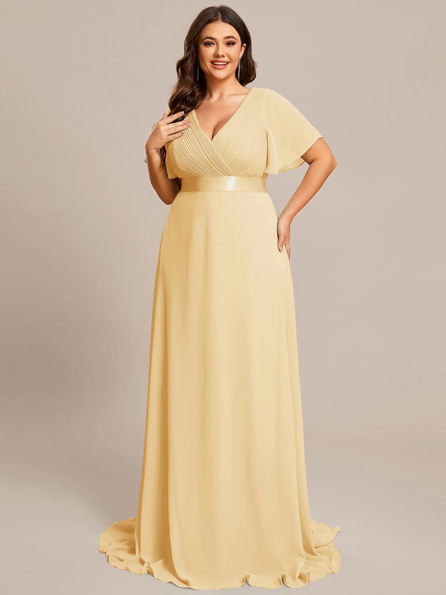 ever MONICA|Long Empire Waist Bridesmaid Dress with Short Flutter Sleeves