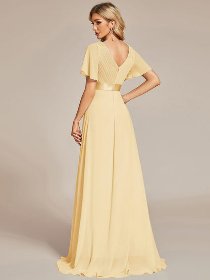 ever MONICA|Long Empire Waist Bridesmaid Dress with Short Flutter Sleeves