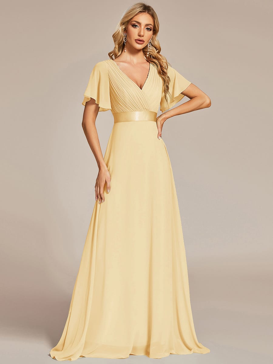 ever MONICA|Long Empire Waist Bridesmaid Dress with Short Flutter Sleeves