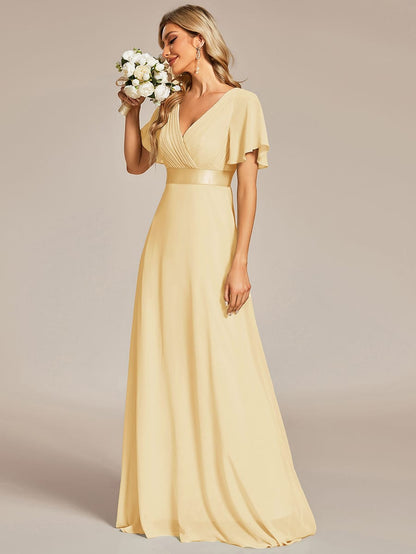 ever MONICA|Long Empire Waist Bridesmaid Dress with Short Flutter Sleeves