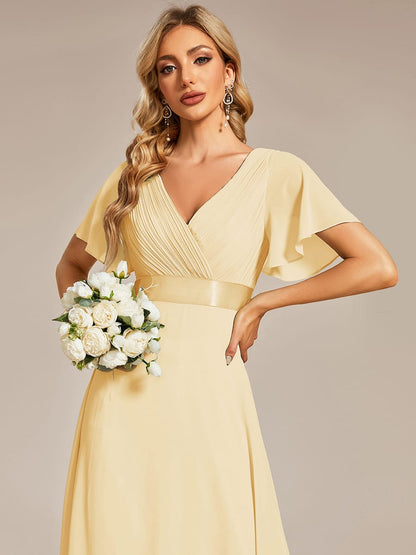 ever MONICA|Long Empire Waist Bridesmaid Dress with Short Flutter Sleeves