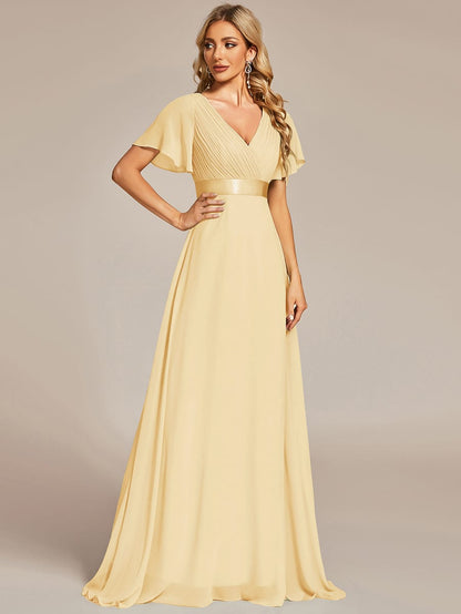 ever MONICA|Long Empire Waist Bridesmaid Dress with Short Flutter Sleeves