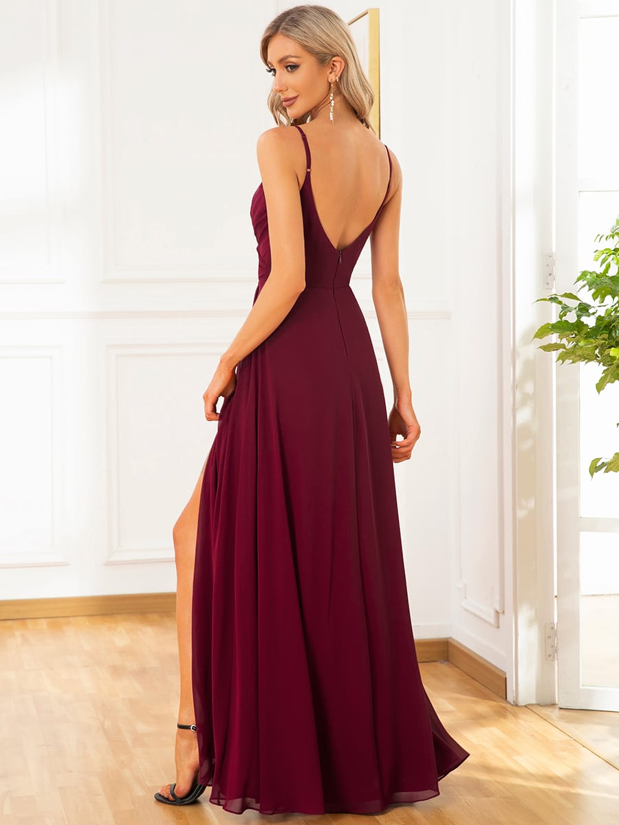 ever RENÉ|Spaghetti Strap Pleated V-Neck High Slit Bridesmaid Dress