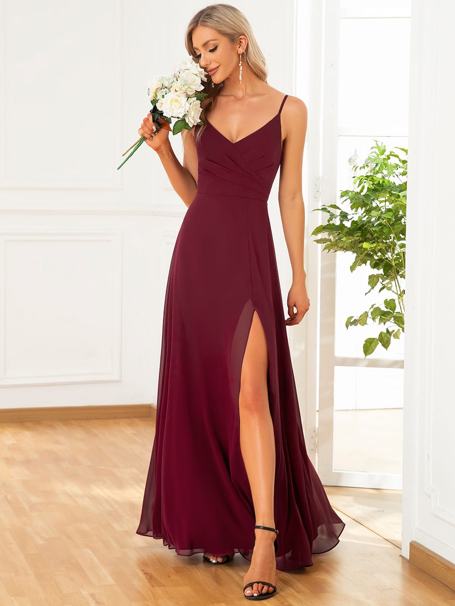 ever RENÉ|Spaghetti Strap Pleated V-Neck High Slit Bridesmaid Dress