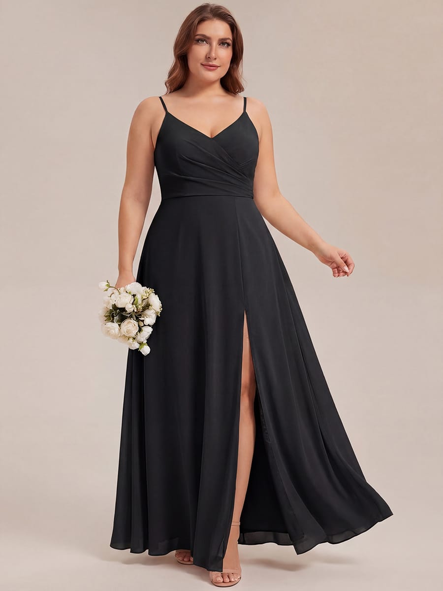 ever RENÉ|Spaghetti Strap Pleated V-Neck High Slit Bridesmaid Dress