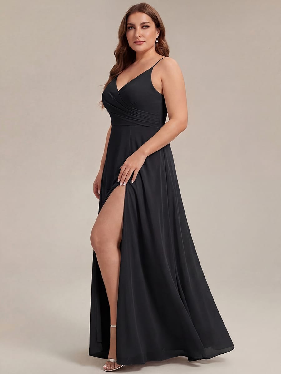 ever RENÉ|Spaghetti Strap Pleated V-Neck High Slit Bridesmaid Dress