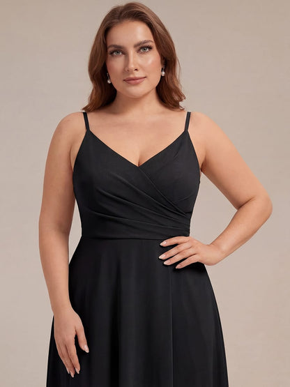 ever RENÉ|Spaghetti Strap Pleated V-Neck High Slit Bridesmaid Dress