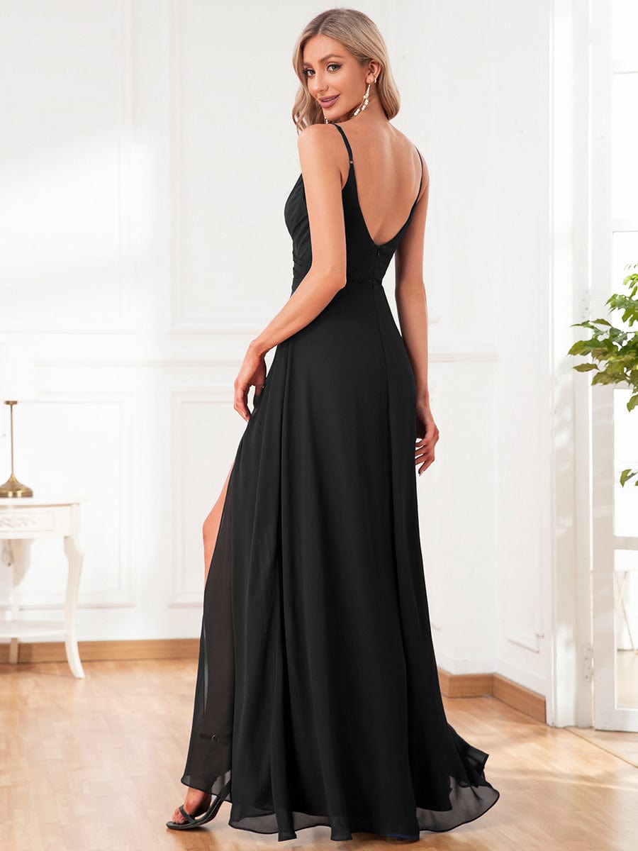 ever RENÉ|Spaghetti Strap Pleated V-Neck High Slit Bridesmaid Dress