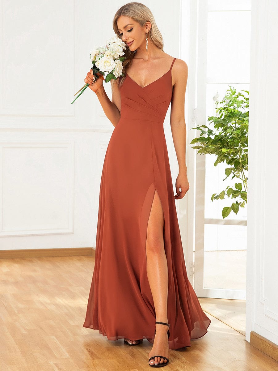 ever RENÉ|Spaghetti Strap Pleated V-Neck High Slit Bridesmaid Dress