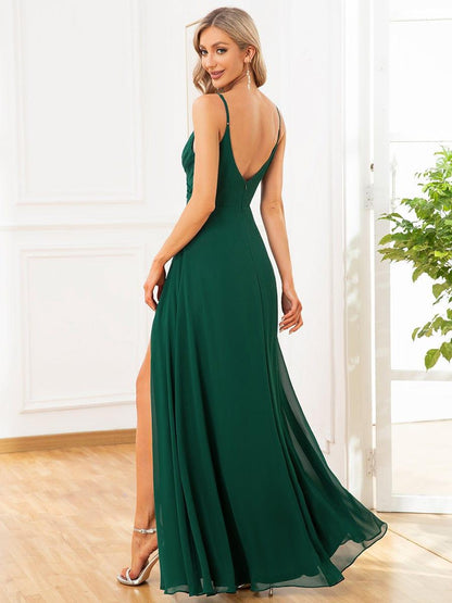 ever RENÉ|Spaghetti Strap Pleated V-Neck High Slit Bridesmaid Dress