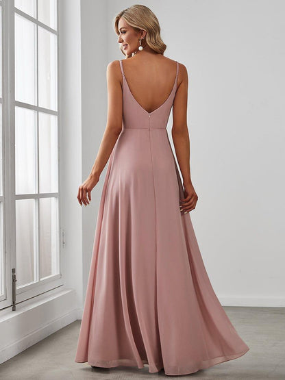 ever RENÉ|Spaghetti Strap Pleated V-Neck High Slit Bridesmaid Dress