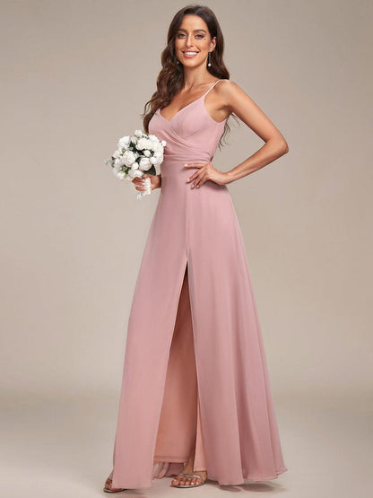 ever RENÉ|Spaghetti Strap Pleated V-Neck High Slit Bridesmaid Dress