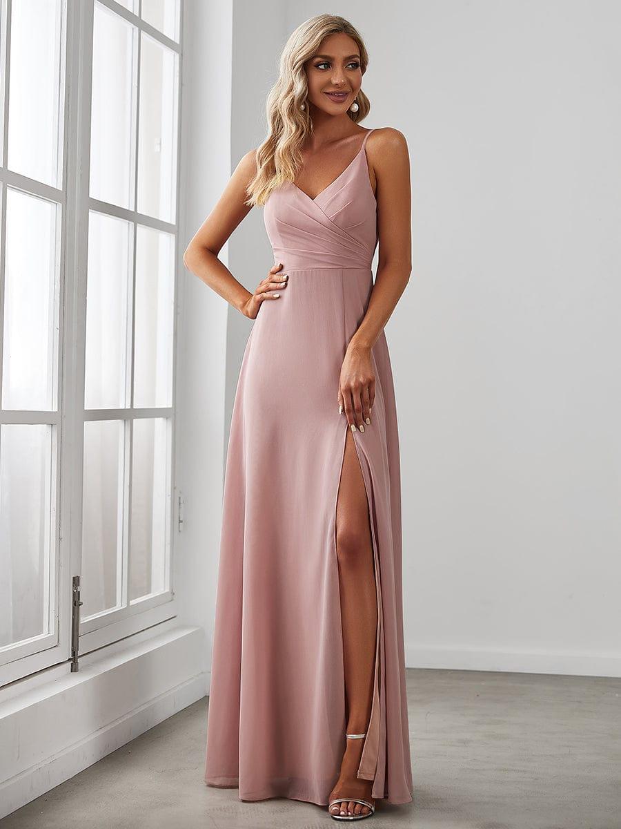ever RENÉ|Spaghetti Strap Pleated V-Neck High Slit Bridesmaid Dress