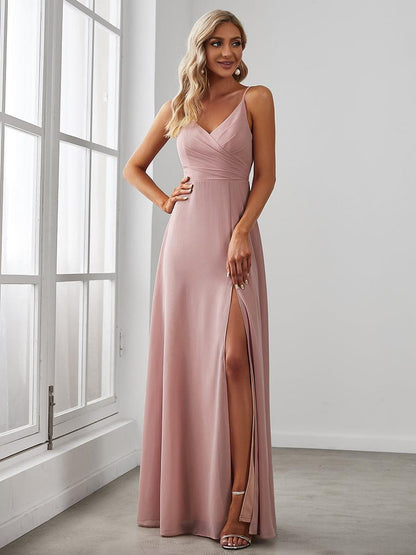 ever RENÉ|Spaghetti Strap Pleated V-Neck High Slit Bridesmaid Dress