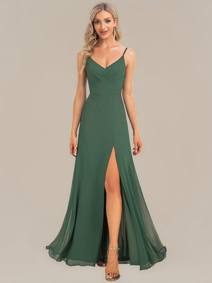 ever RENÉ|Spaghetti Strap Pleated V-Neck High Slit Bridesmaid Dress