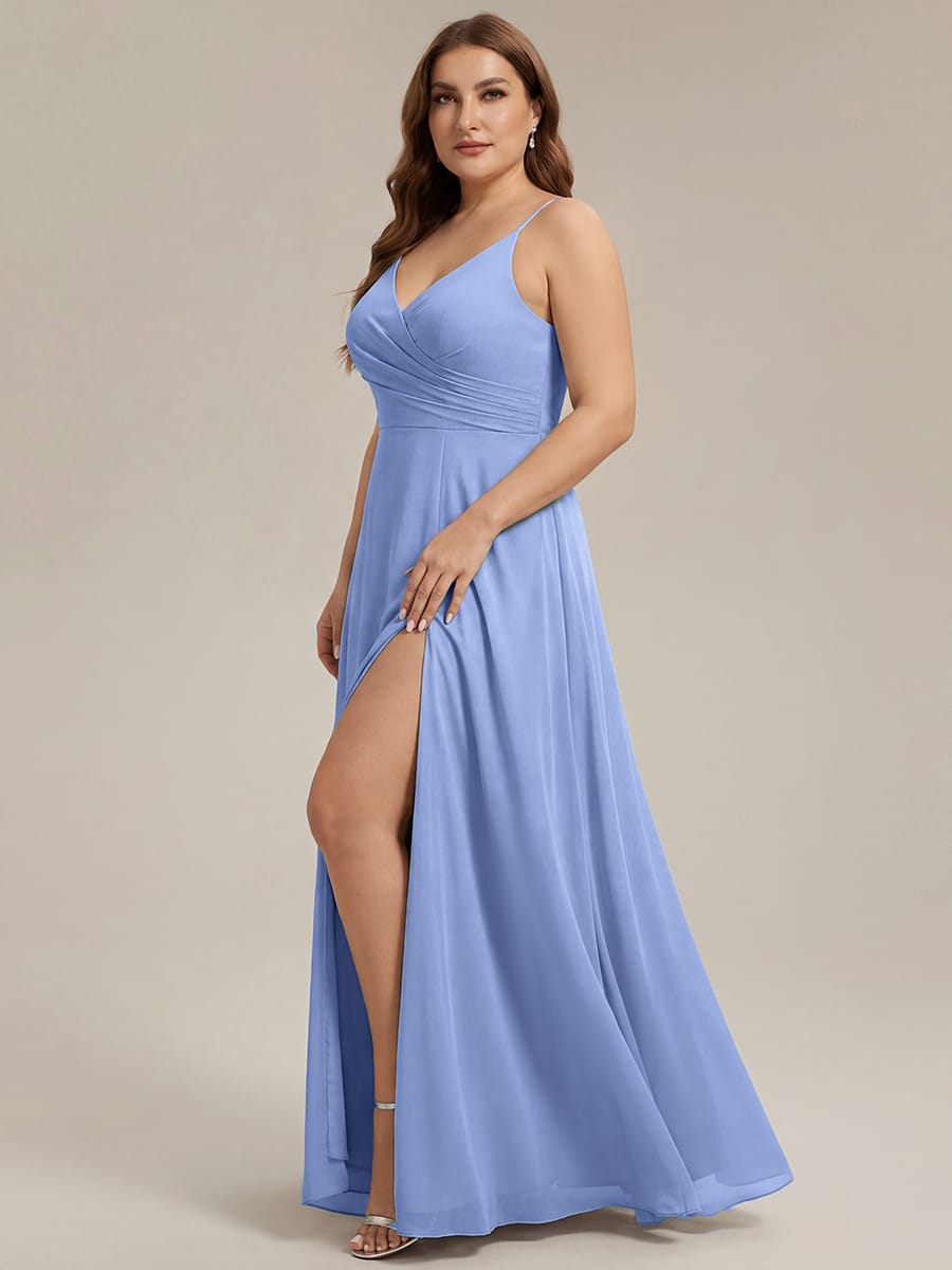 ever RENÉ|Spaghetti Strap Pleated V-Neck High Slit Bridesmaid Dress