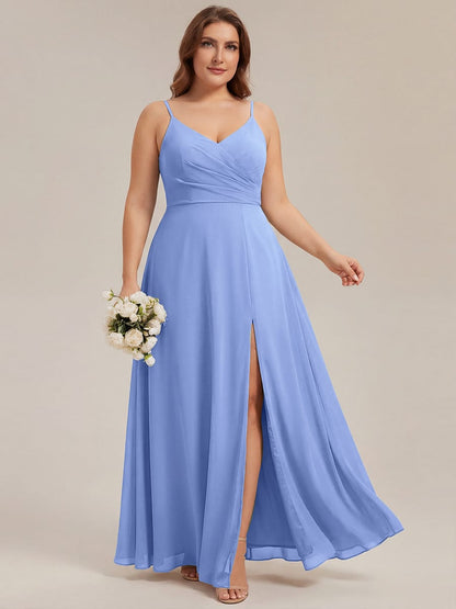 ever RENÉ|Spaghetti Strap Pleated V-Neck High Slit Bridesmaid Dress