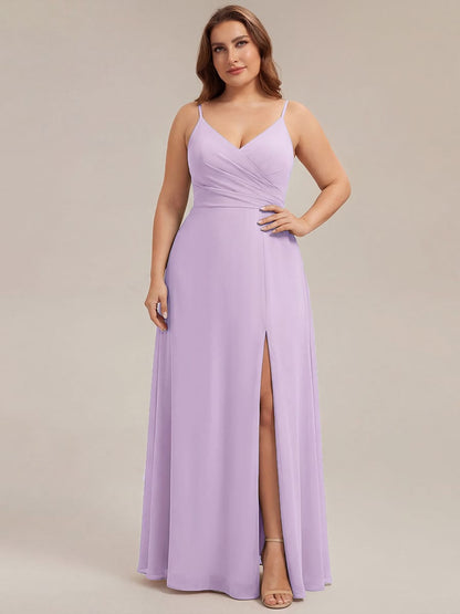 ever RENÉ|Spaghetti Strap Pleated V-Neck High Slit Bridesmaid Dress