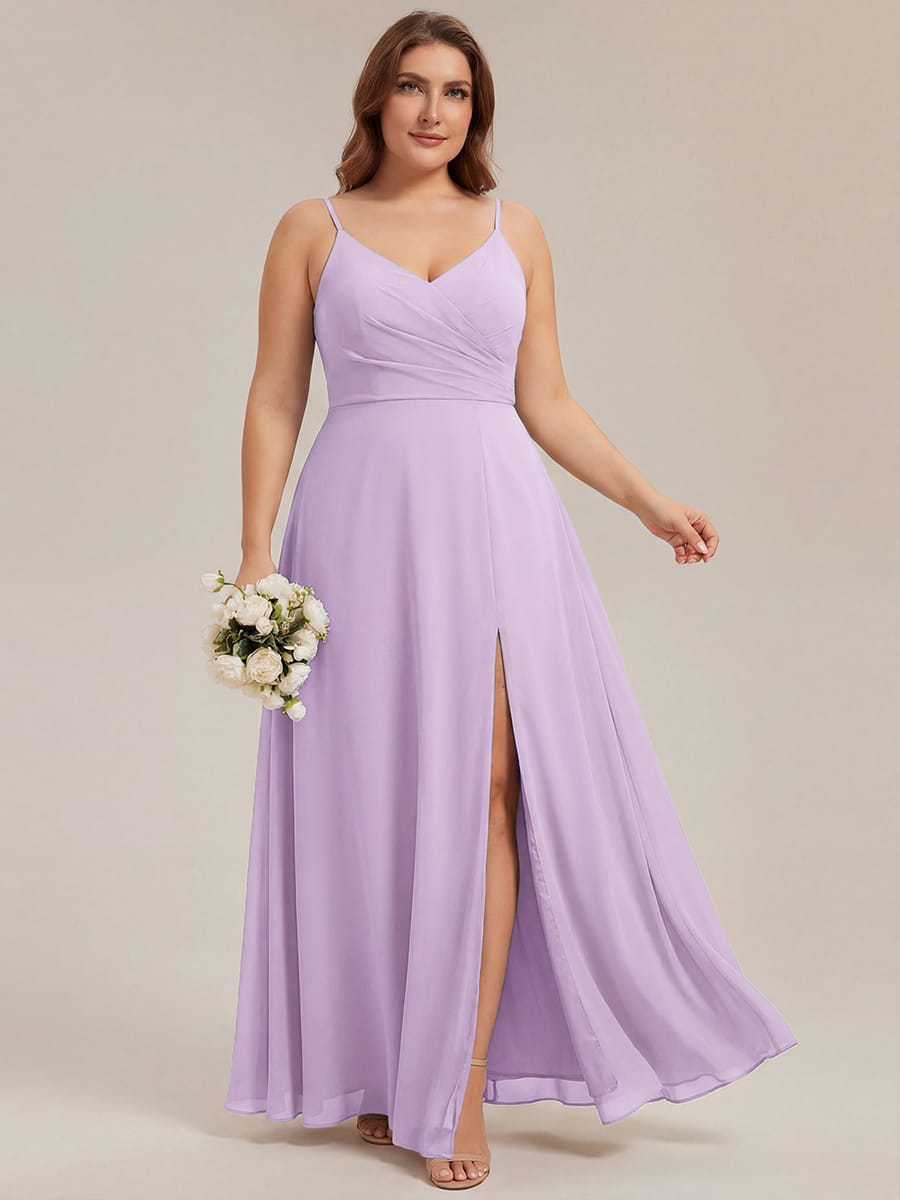 ever RENÉ|Spaghetti Strap Pleated V-Neck High Slit Bridesmaid Dress